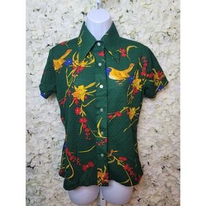 Glen Harbour Vintage Wms ButtonUp Made In Singapore Butterfly Collar Emerald Grn